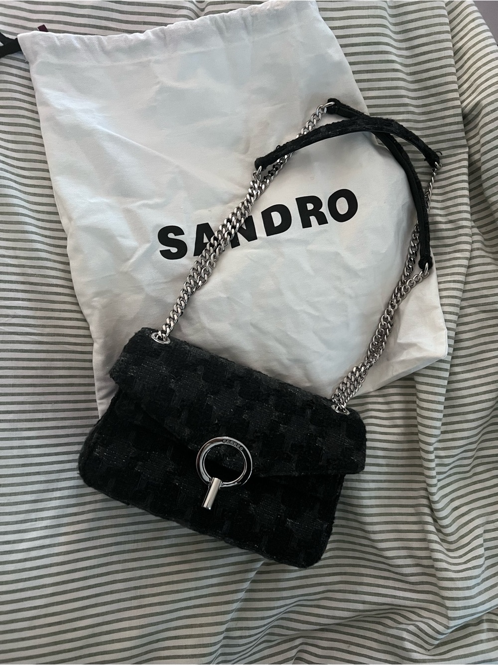 Sandro Black Textured Houndstooth Shoulder Bag with Silver Hardware